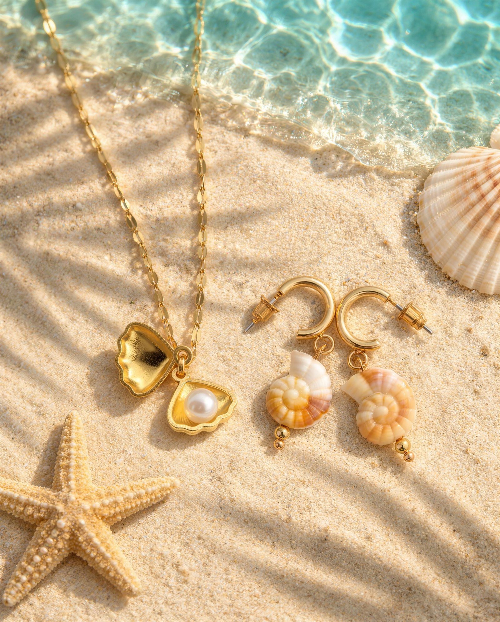 ELINA JEWLS shell locket and shell hoop earrings on the beach